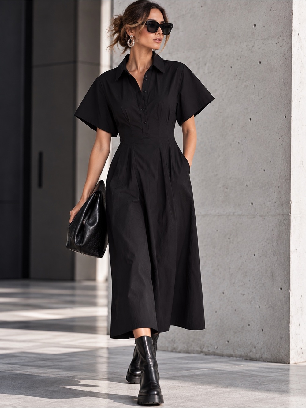 Zara Black Poplin Midi Dress SZ XS Collared Short Sleeve Minimalist NWT